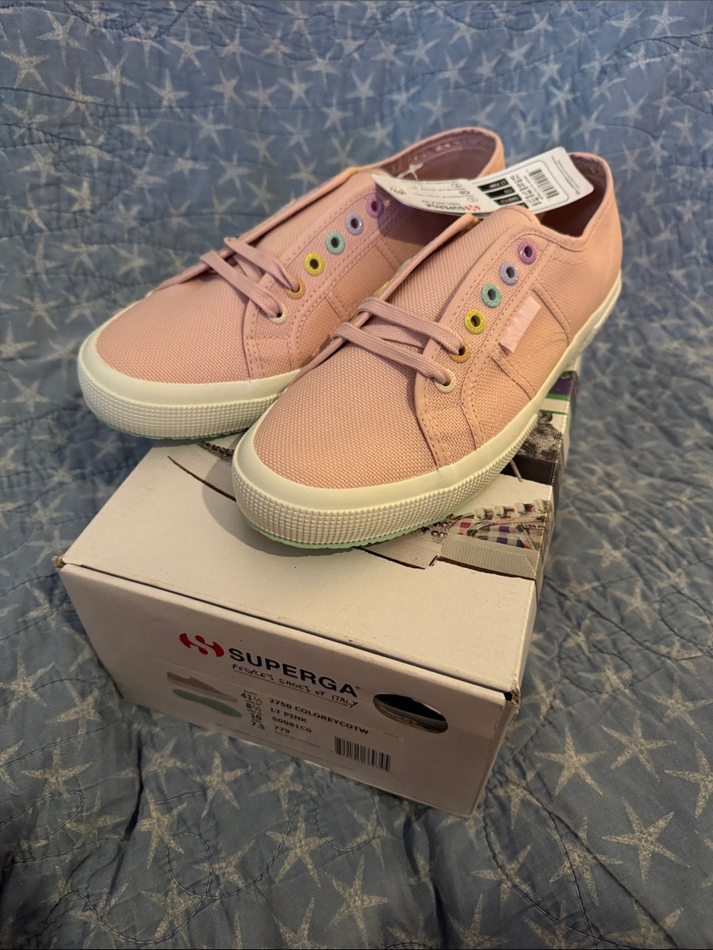 NIB Superga size 10Lt Pink Sneakers with Rainbow Eyelets